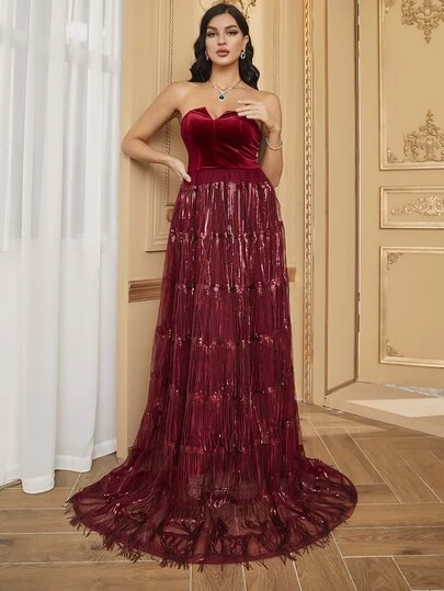 YISIKADO 亮片喇叭下擺抹胸洋裝