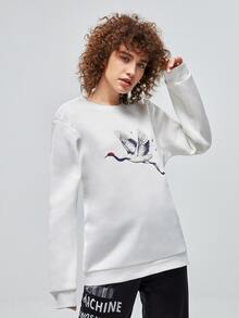 Manfinity 1pc Crane Print Pullover - White - View 5