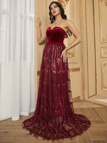 YISIKADO 亮片喇叭下擺抹胸洋裝 - 酒紅色 - 查看 6