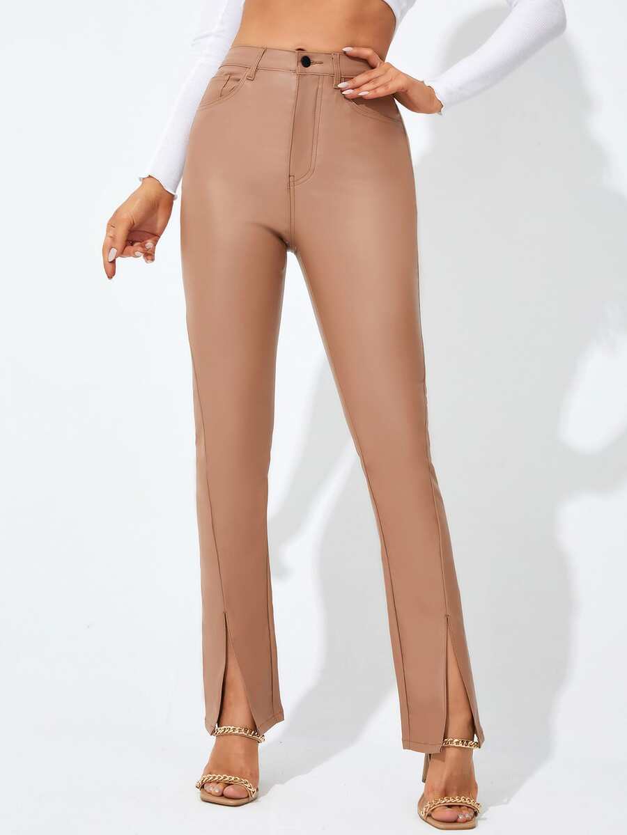 Quần jean nữ Nút Túi Chia Dây kéo màu trơn - Màu be - Xem 1