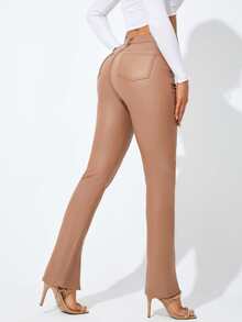 Quần jean nữ Nút Túi Chia Dây kéo màu trơn - Màu be - Xem 2