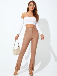 Quần jean nữ Nút Túi Chia Dây kéo màu trơn - Màu be - Xem 3