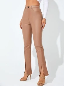 Quần jean nữ Nút Túi Chia Dây kéo màu trơn - Màu be - Xem 4