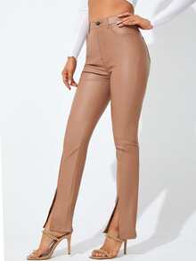 Quần jean nữ Nút Túi Chia Dây kéo màu trơn - Màu be - Xem 5