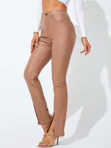 Quần jean nữ Nút Túi Chia Dây kéo màu trơn - Màu be - Xem 6