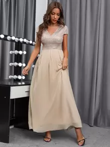 Chiquease Contrast Sequin Chiffon Prom Dress Maxi Women Outfit - Champagne - View 1