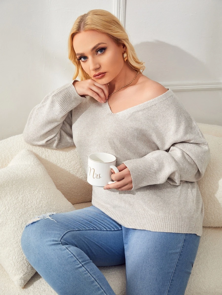 SHEIN Essnce Áo len Plus Size màu trơn Giải trí - Màu Xám nhạt - Xem 1