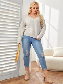 SHEIN Essnce Áo len Plus Size màu trơn Giải trí - Màu Xám nhạt - Xem 4