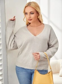 SHEIN Essnce Áo len Plus Size màu trơn Giải trí - Màu Xám nhạt - Xem 5