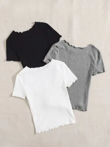 SHEIN EZwear Summer 3pcs Lettuce Trim Ribbed Knit Slim Fit Base Tee - Multicolor - View 2