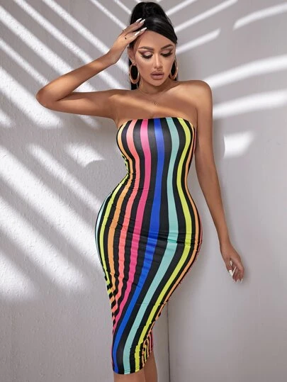 rainbow striped bodycon dress Short Sleeve Multicolor Rainbow Stripe Bodycon Dresses main image 0