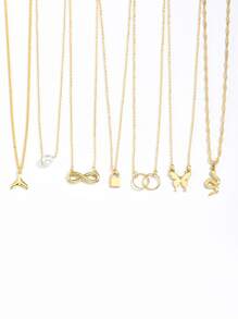 7pcs Butterfly & Snake Charm Necklace, Stainless Steel Jewelry - Yellow Gold - View 1