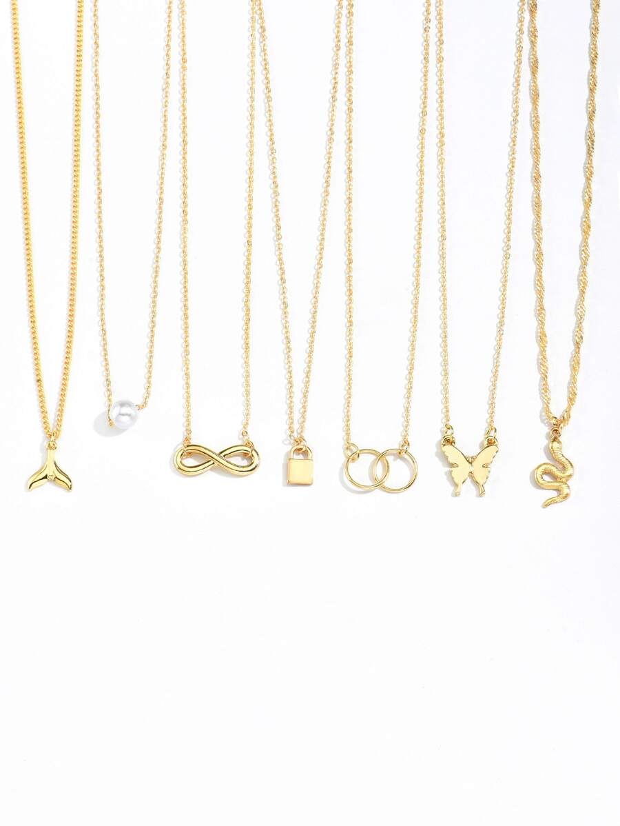 7pcs Butterfly & Snake Charm Necklace, Stainless Steel Jewelry - Yellow Gold - View 1