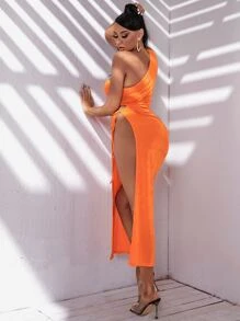 SHEIN SXY One Shoulder Drawstring Knot Side Split Thigh Dress - Orange - View 2