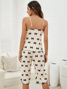 Bow Print Cami Top & Lettuce Trim Knot Detail Shorts PJ Set / Pajama Set - Multicolor - View 2