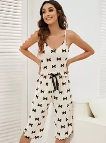 Bow Print Cami Top & Lettuce Trim Knot Detail Shorts PJ Set / Pajama Set - Multicolor - View 4