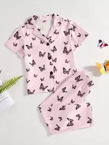 Toddler Girls Butterfly Print Lapel Collar PJ Set - Baby Pink - View 1