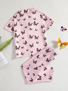 Toddler Girls Butterfly Print Lapel Collar PJ Set - Baby Pink - View 2
