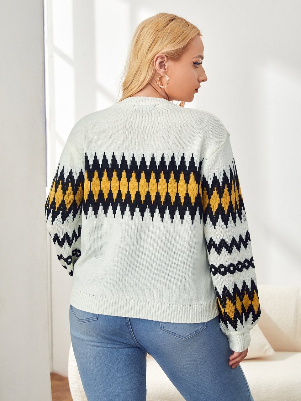Plus Drop Shoulder Geo Pattern Sweater