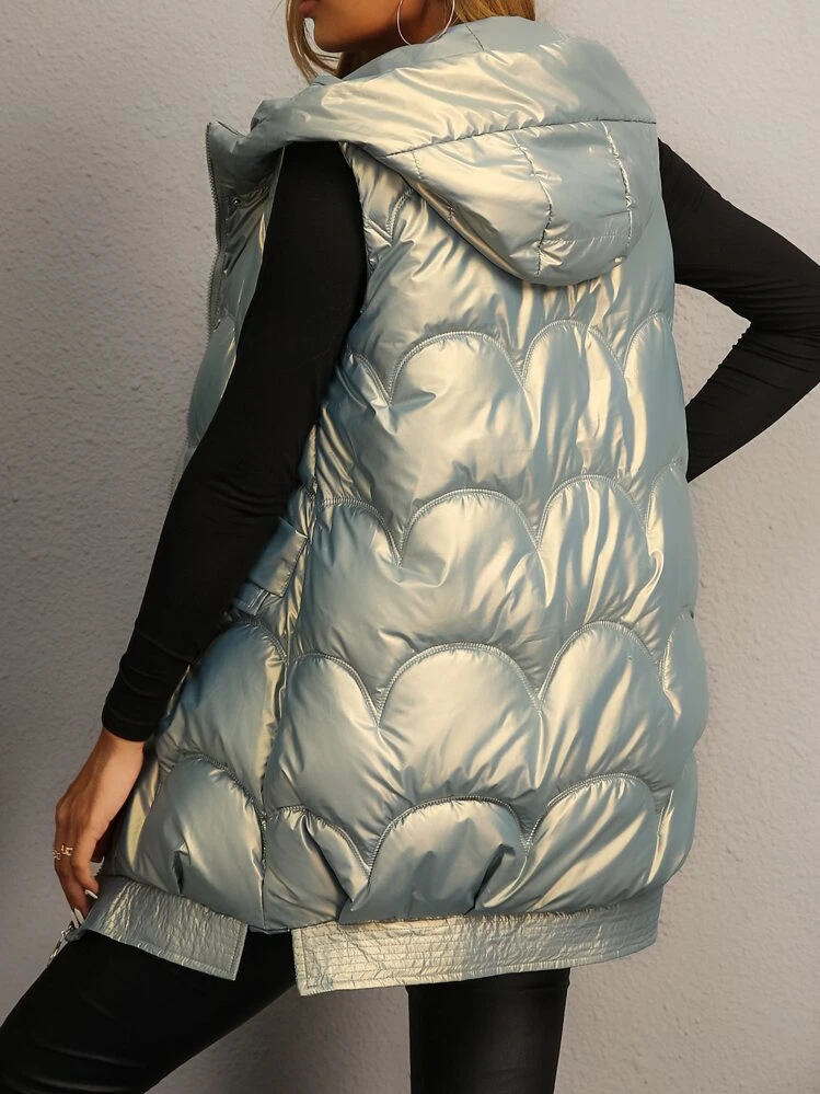 Sleeveless Patent Hooded Padded Coat - Silver - View 2