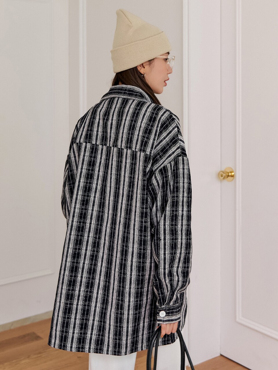 Drop Shoulder Plaid Tweed Overcoat