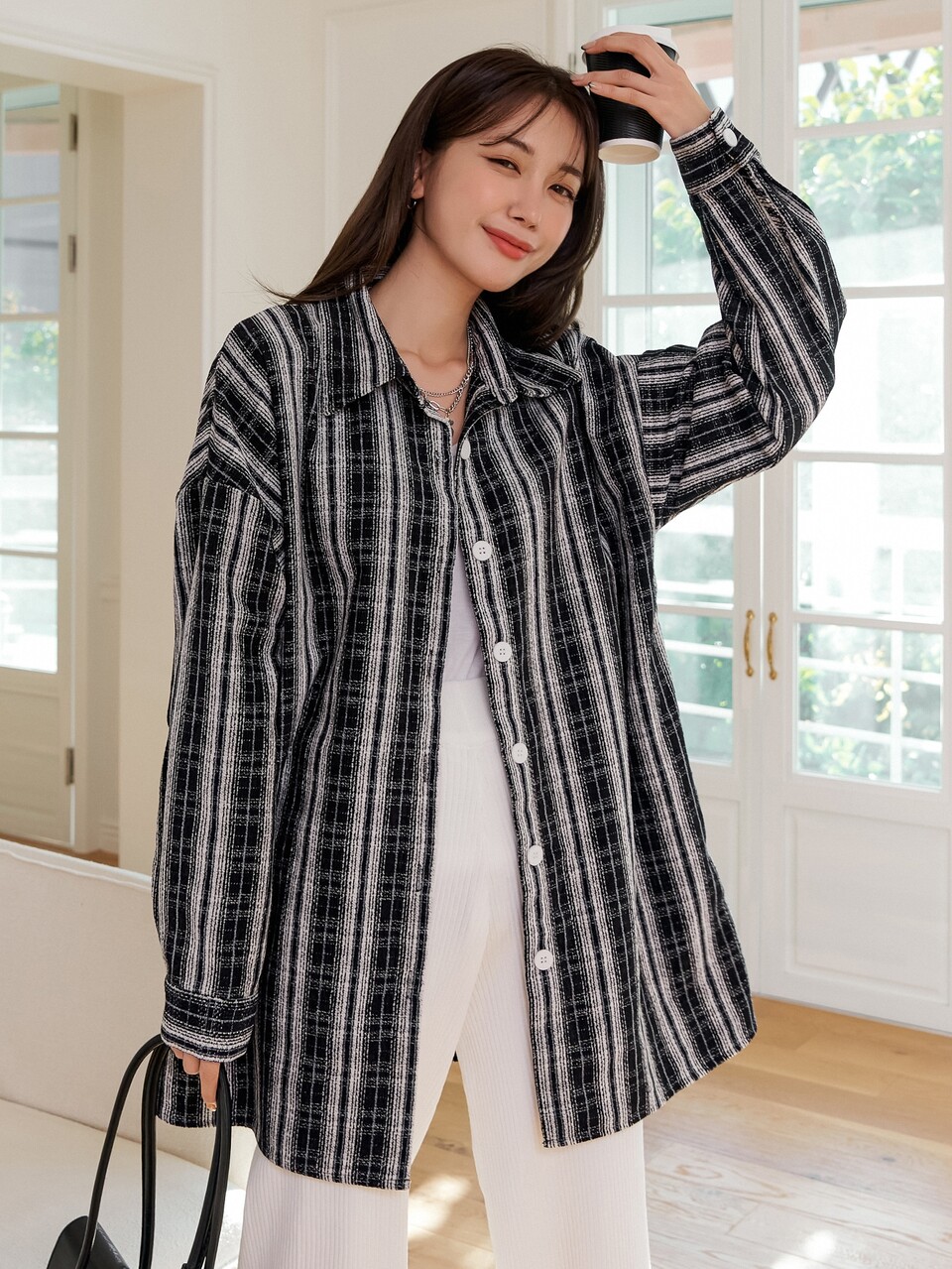 Drop Shoulder Plaid Tweed Overcoat