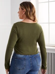 SHEIN Essnce Plus Button Placket Lace Trim Rib-Knit Top T-Shirt - Army Green - View 2