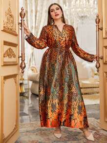 大碼隨機豹紋和佩斯利印花腰帶緞面連衣裙 - 彩色 - 查看 1