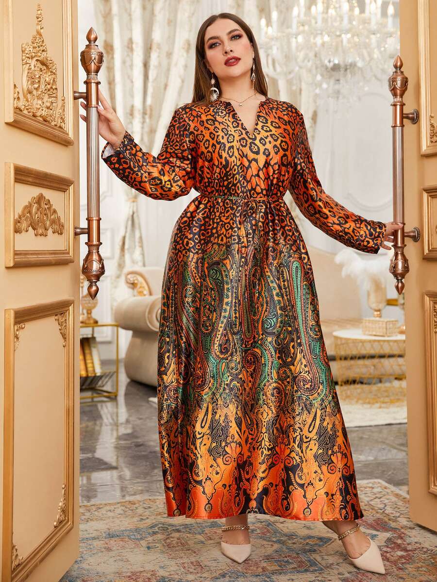 大碼隨機豹紋和佩斯利印花腰帶緞面連衣裙 - 彩色 - 查看 1