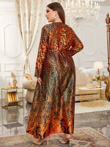 大碼隨機豹紋和佩斯利印花腰帶緞面連衣裙 - 彩色 - 查看 2