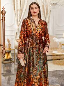 大碼隨機豹紋和佩斯利印花腰帶緞面連衣裙 - 彩色 - 查看 3