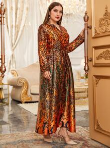 大碼隨機豹紋和佩斯利印花腰帶緞面連衣裙 - 彩色 - 查看 5