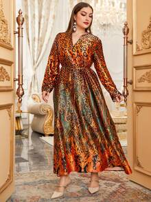 大碼隨機豹紋和佩斯利印花腰帶緞面連衣裙 - 彩色 - 查看 6