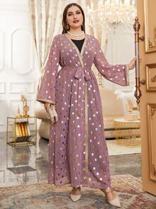 大碼隨機燙金波點織帶拼接腰帶外套和洋裝 - 彩色 - 查看 5