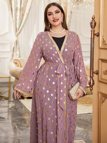 大碼隨機燙金波點織帶拼接腰帶外套和洋裝 - 彩色 - 查看 6