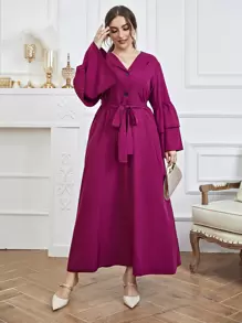 SHEIN Unity Đầm Plus Size Thắt lưng Xù phân lớp màu trơn Thanh lịch - Màu đỏ tím - Xem 1