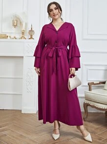 SHEIN Unity Đầm Plus Size Thắt lưng Xù phân lớp màu trơn Thanh lịch - Màu đỏ tím - Xem 3