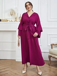 SHEIN Unity Đầm Plus Size Thắt lưng Xù phân lớp màu trơn Thanh lịch - Màu đỏ tím - Xem 4