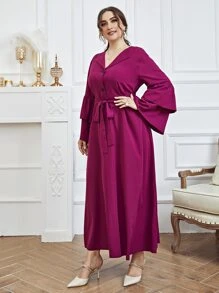 SHEIN Unity Đầm Plus Size Thắt lưng Xù phân lớp màu trơn Thanh lịch - Màu đỏ tím - Xem 5