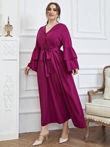 SHEIN Unity Đầm Plus Size Thắt lưng Xù phân lớp màu trơn Thanh lịch - Màu đỏ tím - Xem 6