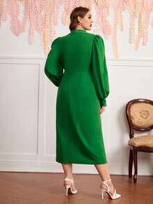 SHEIN Plus Shawl Collar Rhinestone Lantern Sleeve Split Thigh Dress - Green - View 2