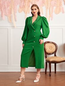 SHEIN Plus Shawl Collar Rhinestone Lantern Sleeve Split Thigh Dress - Green - View 4