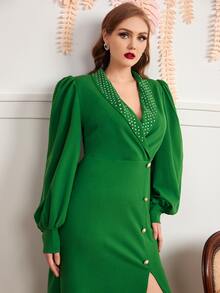 SHEIN Plus Shawl Collar Rhinestone Lantern Sleeve Split Thigh Dress - Green - View 5