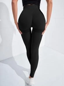 Yoga Basic Xà cạp tập luyện Liền mạch Thắt lưng rộng Điền kinh Quần tất - màu đen - Xem 3