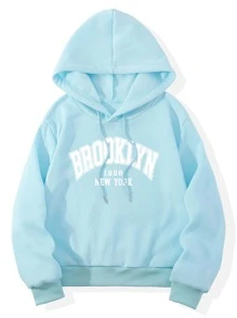 字母圖案抽繩保暖連帽衫 - 薄荷藍 - 查看 1