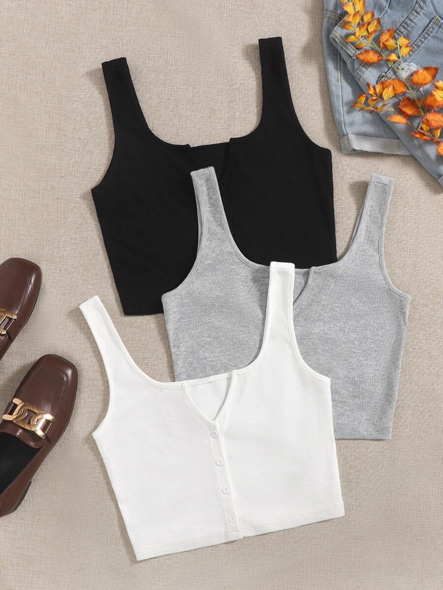 SHEIN EZwear 3pack Notch Neck Button Up Tank Top