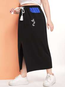 SHEIN Unity 大碼蝴蝶圖案開衩短裙 - 黑色 - 查看 4