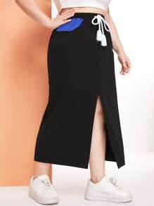 SHEIN Unity 大碼蝴蝶圖案開衩短裙 - 黑色 - 查看 5