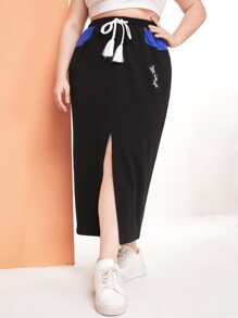 SHEIN Unity 大碼蝴蝶圖案開衩短裙 - 黑色 - 查看 3