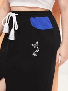 SHEIN Unity 大碼蝴蝶圖案開衩短裙 - 黑色 - 查看 6